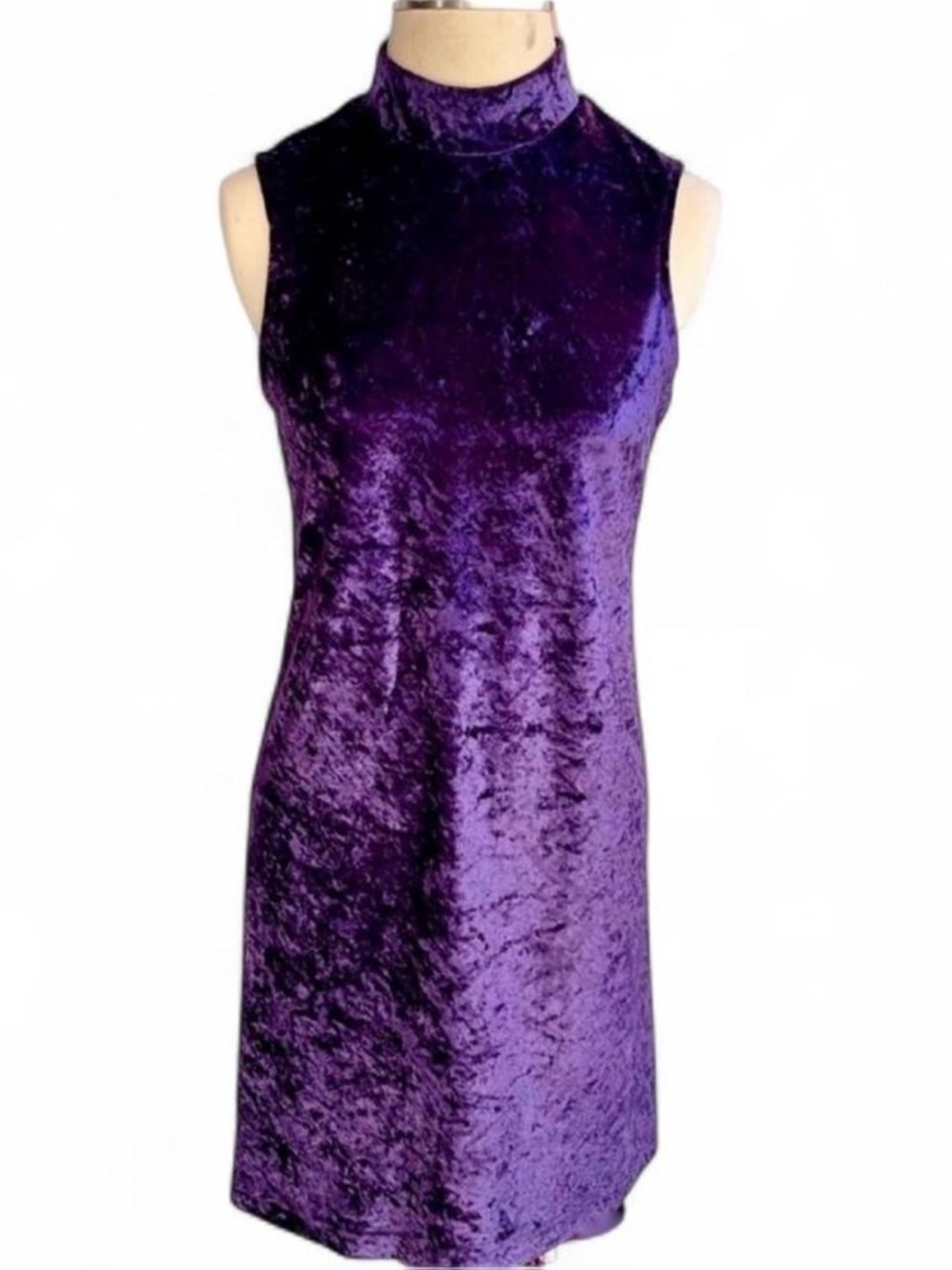 Vintage 90s Royal Purple Crushed Velvet Mini Dress | Sheath Mock Neck | SZ Small